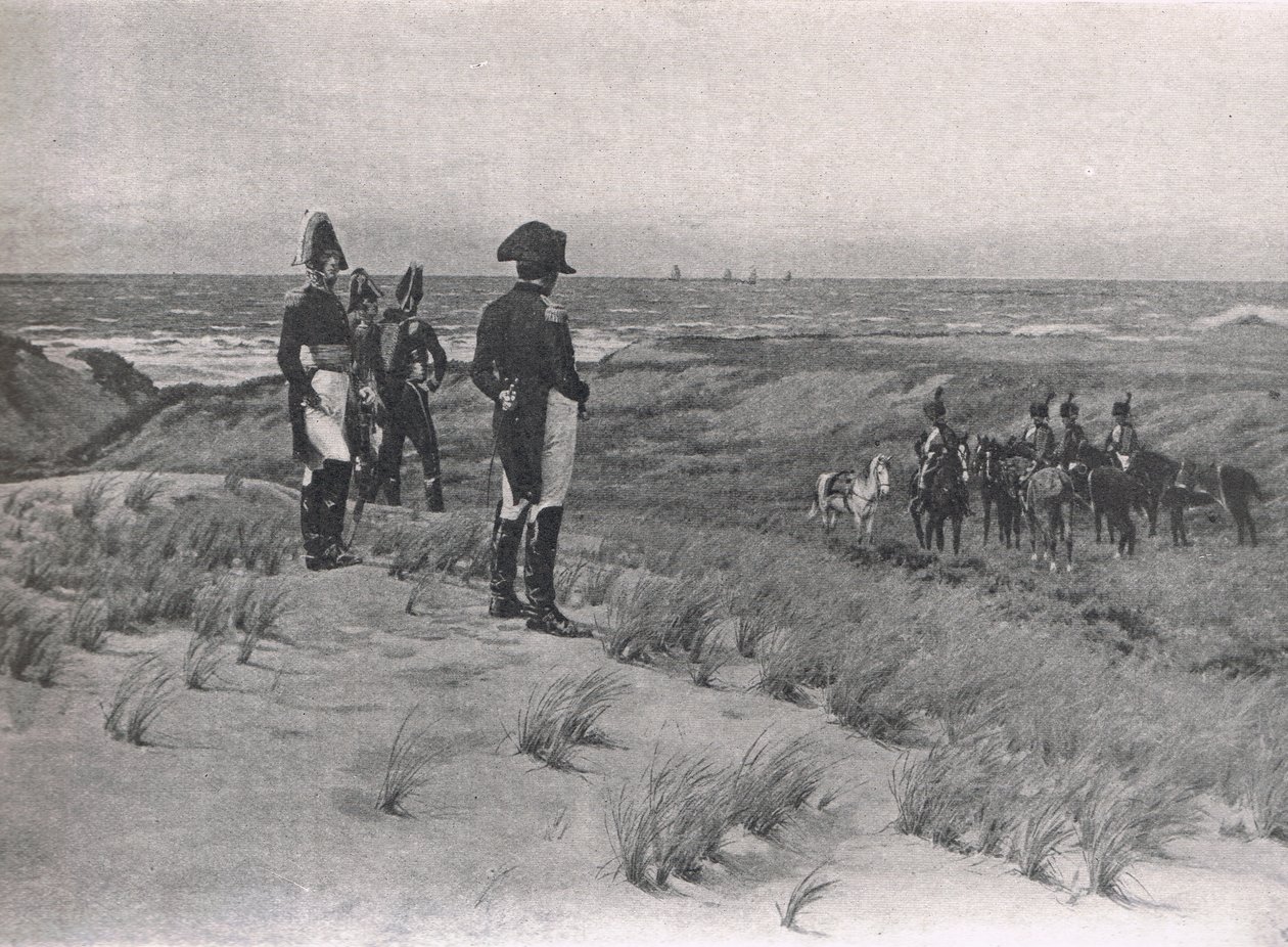 Napoleon Surveys the English Channel, ilustracja z "British Battles on Land and Sea", wydana przez Cassell, Londyn, ok. 1910 r. autorstwa William Barnes Wollen