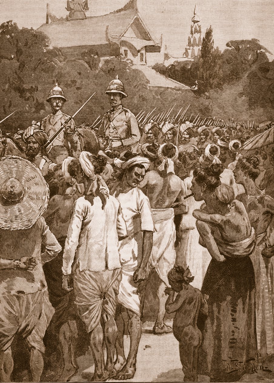 Siły brytyjskie wkraczające do Mandalay, 1885, ilustracja z „Ilustrowanej historii Anglii Cassella” (zdjęcie w sepii) autorstwa William Barnes Wollen
