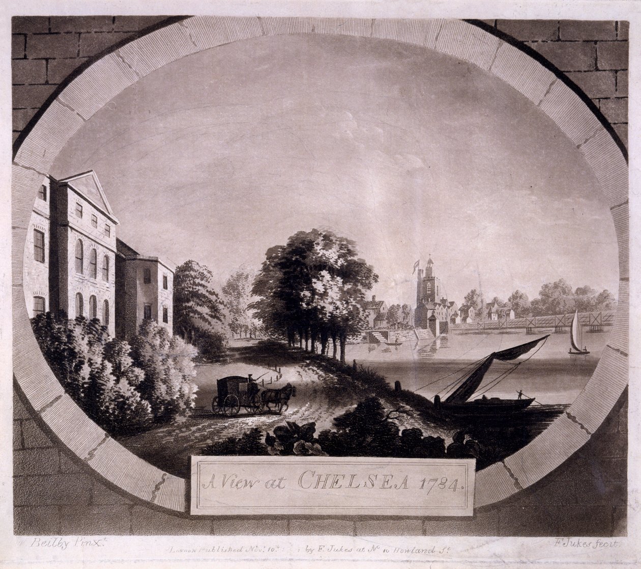 Widok na Chelsea, grafika wykonana przez F. Jukesa, 1784 (rycina akwatinta) autorstwa William Beilby