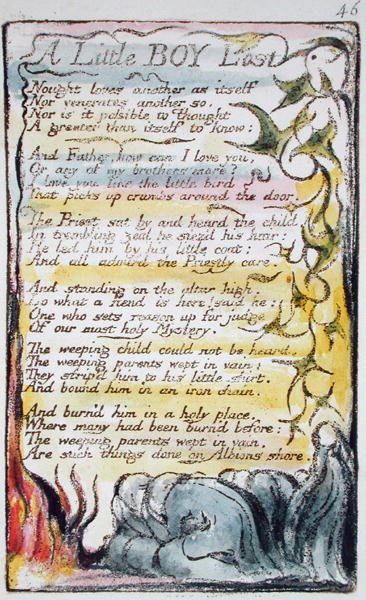 A Little Boy Lost, płyta 46 (Bentley 50) z Pieśni o niewinności i doświadczeniu (Bentley Copy L) 1789-94 (wypukła akwaforta z piórem i toaletą) autorstwa William Blake