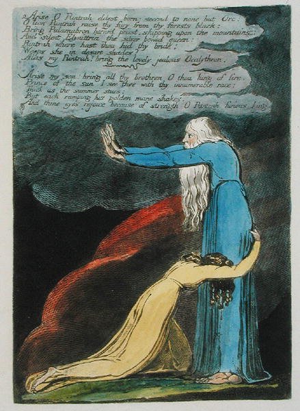 Arise O Rintrah... płyta 9 z Europy. A Prophecy, 1794 (akwaforta reliefowa wydrukowana w kolorze ciemnobrązowym z toaletą i olejem na papierze) autorstwa William Blake