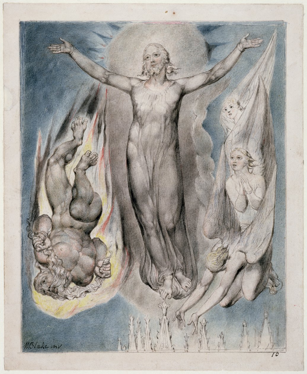 Chrystus umieszczony na szczycie świątyni, ilustracja z „Paradise Regained” Johna Miltona, c.1816-18 (pióro i atrament i toaleta na papierze) autorstwa William Blake
