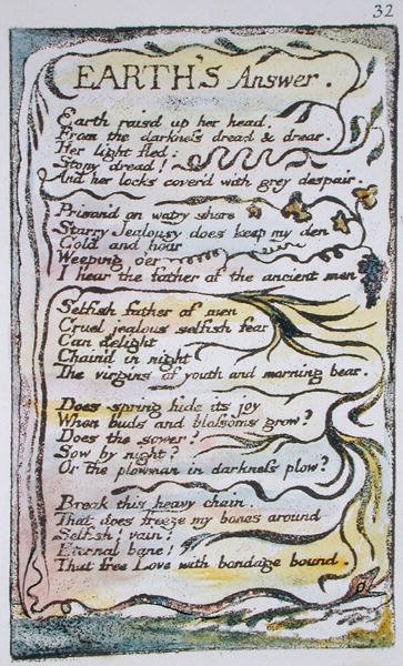 Earths Answer, płyta 32 (Bentley 31) z Songs of Innocence and of Experience (Bentley Copy L) 1789-94 (relief akwaforta z piórem i toaletą) autorstwa William Blake