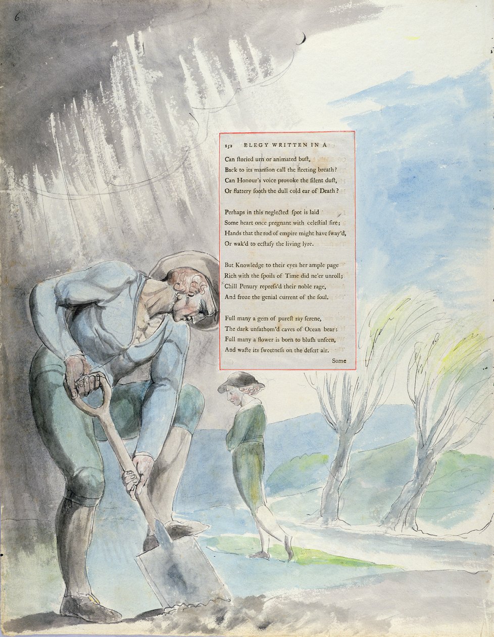 „Elegia napisana na wiejskim cmentarzu”, wzór 110 z „Poematów Thomasa Graya”, 1797-1798 (wc z piórem i tuszem na papierze) autorstwa William Blake