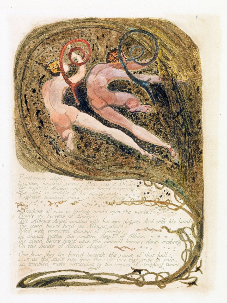 Ilustracja z „Europe: a Prophecy”, Lambeth, 1794 (atrament i toaleta na papierze) autorstwa William Blake
