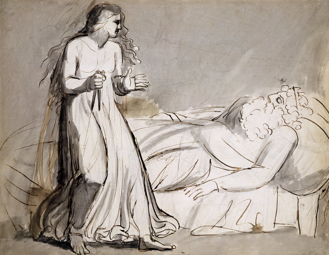 Lady Makbet podchodząca do zamordowanego Duncana (tusz i wash) autorstwa William Blake