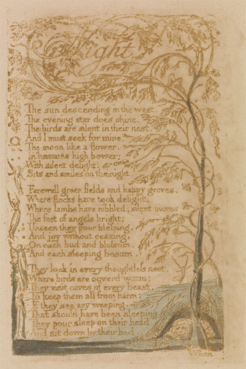 Noc, płyta 16 z Pieśni o niewinności, 1789 (akwaforta płaskorzeźba z wc na papierze) autorstwa William Blake