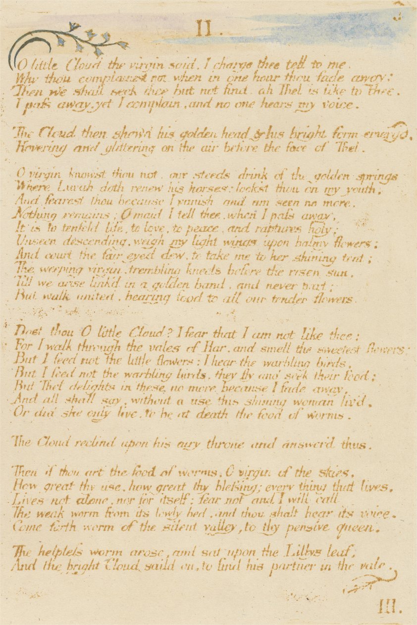 O mała chmurko..., tablica 5 z Księgi Thel, 1789 (akwaforta płaskorzeźba drukowana w kolorze brązowym z wc) autorstwa William Blake