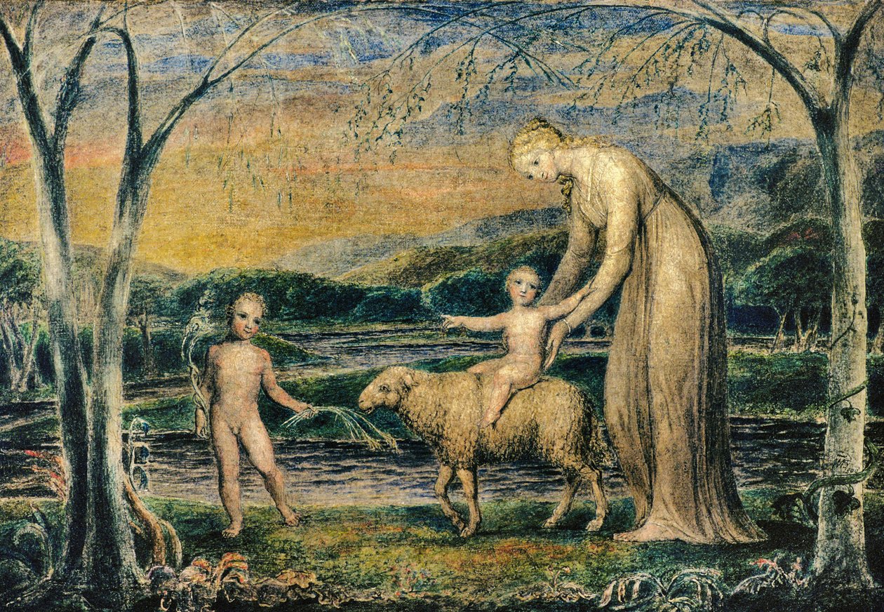 Matka Boża z Dzieciątkiem Jezus na baranku ze św. Janem, 1800 (tempera) autorstwa William Blake
