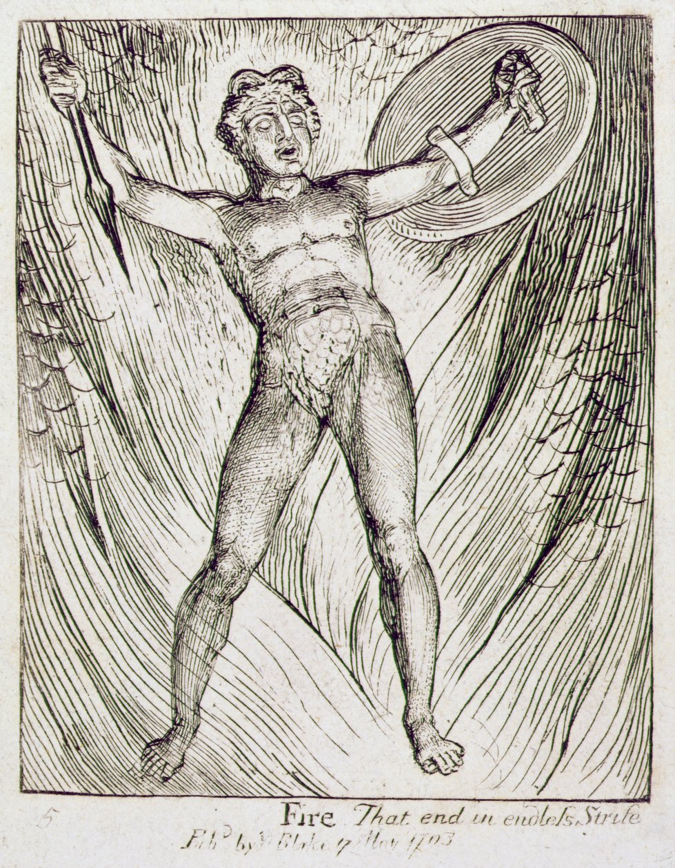 P.441-1985 Ogień, który kończy się niekończącą się walką, płyta 5 „Bramy raju”, pierwszy wyd. 17 maja 1793, 1818-25 (grafika kreskowa) autorstwa William Blake