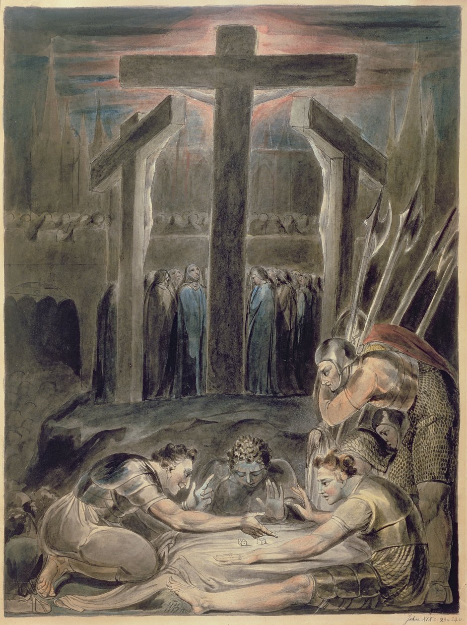 عسکر د مسیح د جامو لپاره لاټونه اچول، 1800 (قلم، هندي رنګ، خړ واش او wc) پولی autorstwa William Blake