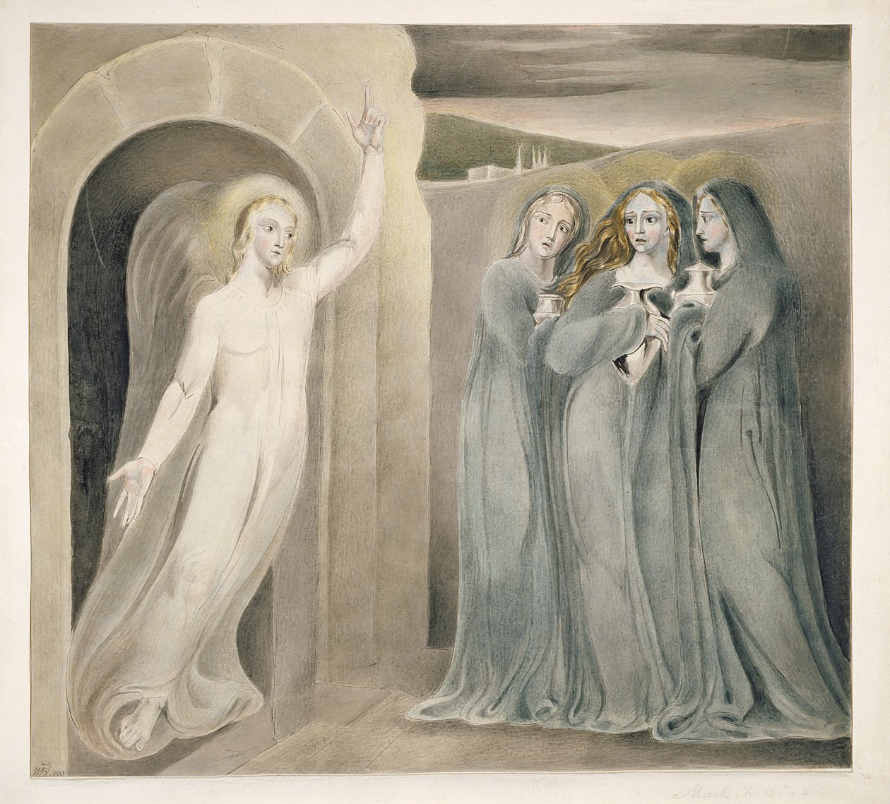 Trzy Marie przy Grobie, ok. 1800 (pióro i atrament z praniem i wc na papierze) autorstwa William Blake