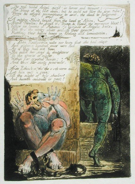 Anioł z czerwonymi kończynami..., płyta 15 z Europy. Przepowiednia, 1794 (akwaforta reliefowa wydrukowana w kolorze ciemnobrązowym z toaletą i olejem na papierze) autorstwa William Blake