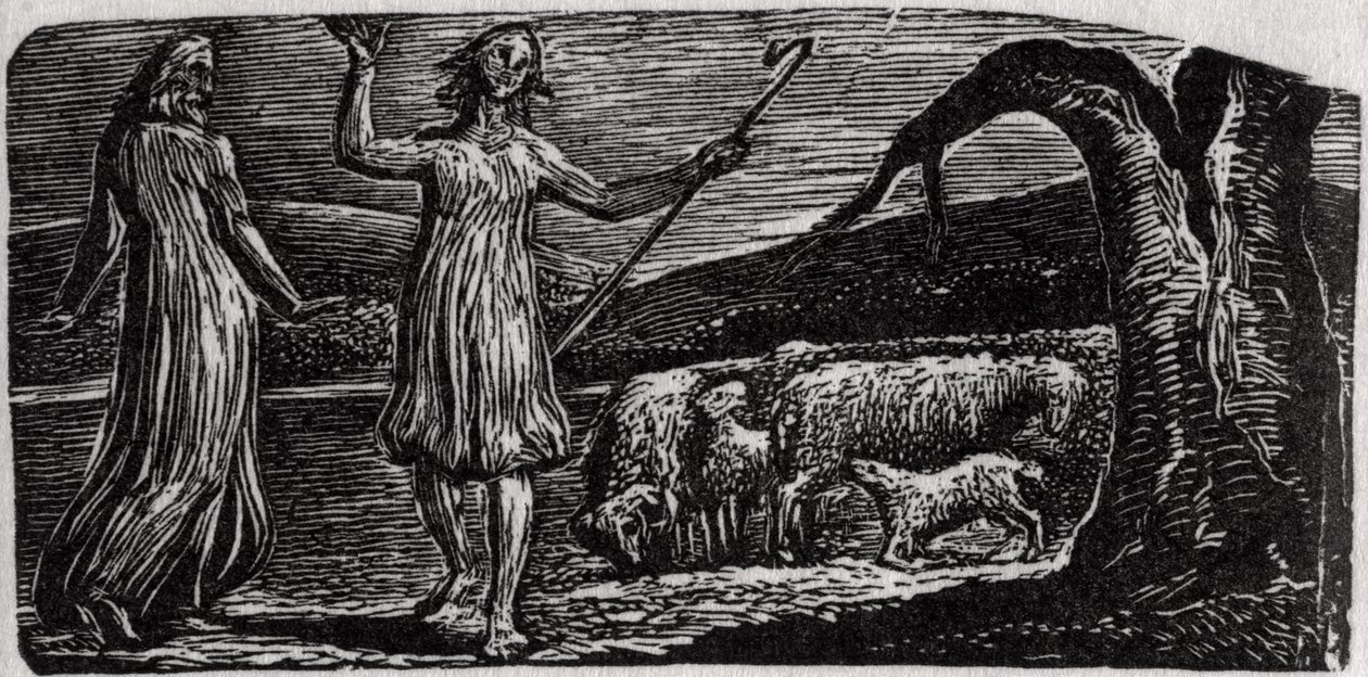 Thenot, z Colinet wymachującym ze smutkiem rękoma, ilustracja z „The Pastorals of Virgil” dr Thorntona autorstwa William Blake
