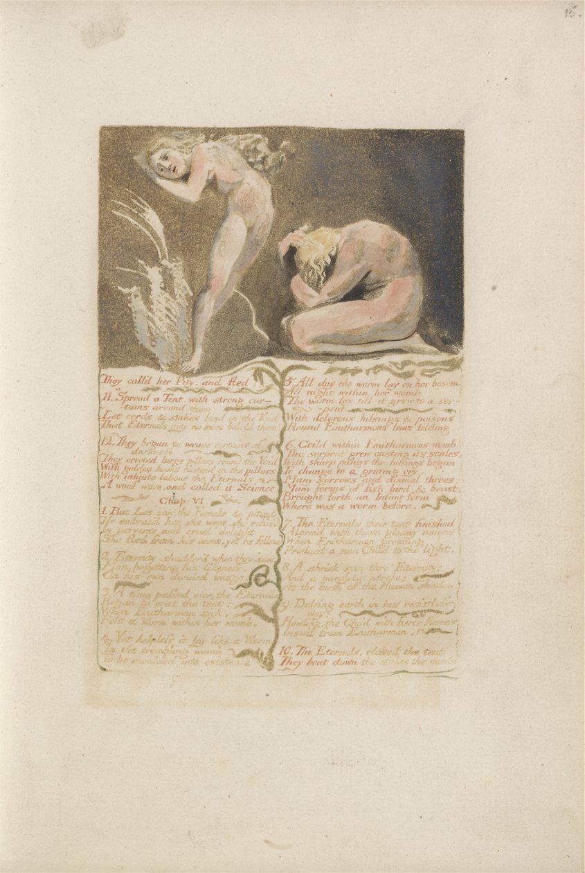 Nazywali ją Litością i uciekli..., tablica 19 z Pierwszej Księgi Urizena, 1794 (drukowana kolorowo płaskorzeźba akwaforta tuszem i wc na papierze) autorstwa William Blake
