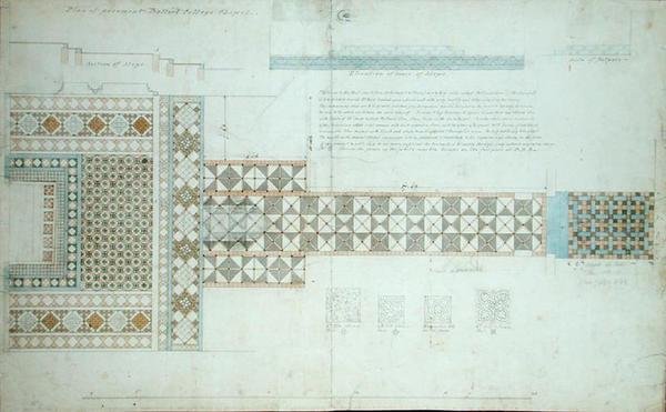 Projekt chodnika, kaplica Balliol College, Oxford, 1854-57 (czarny tusz, ołówek i wc na papierze) autorstwa William Butterfield