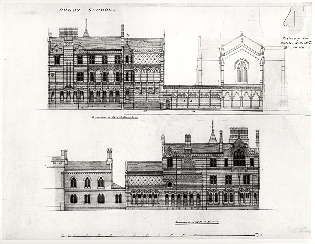 West and North Elevations, New School, Rugby School, 1867 (czarny tusz, ołówek i toaleta) autorstwa William Butterfield