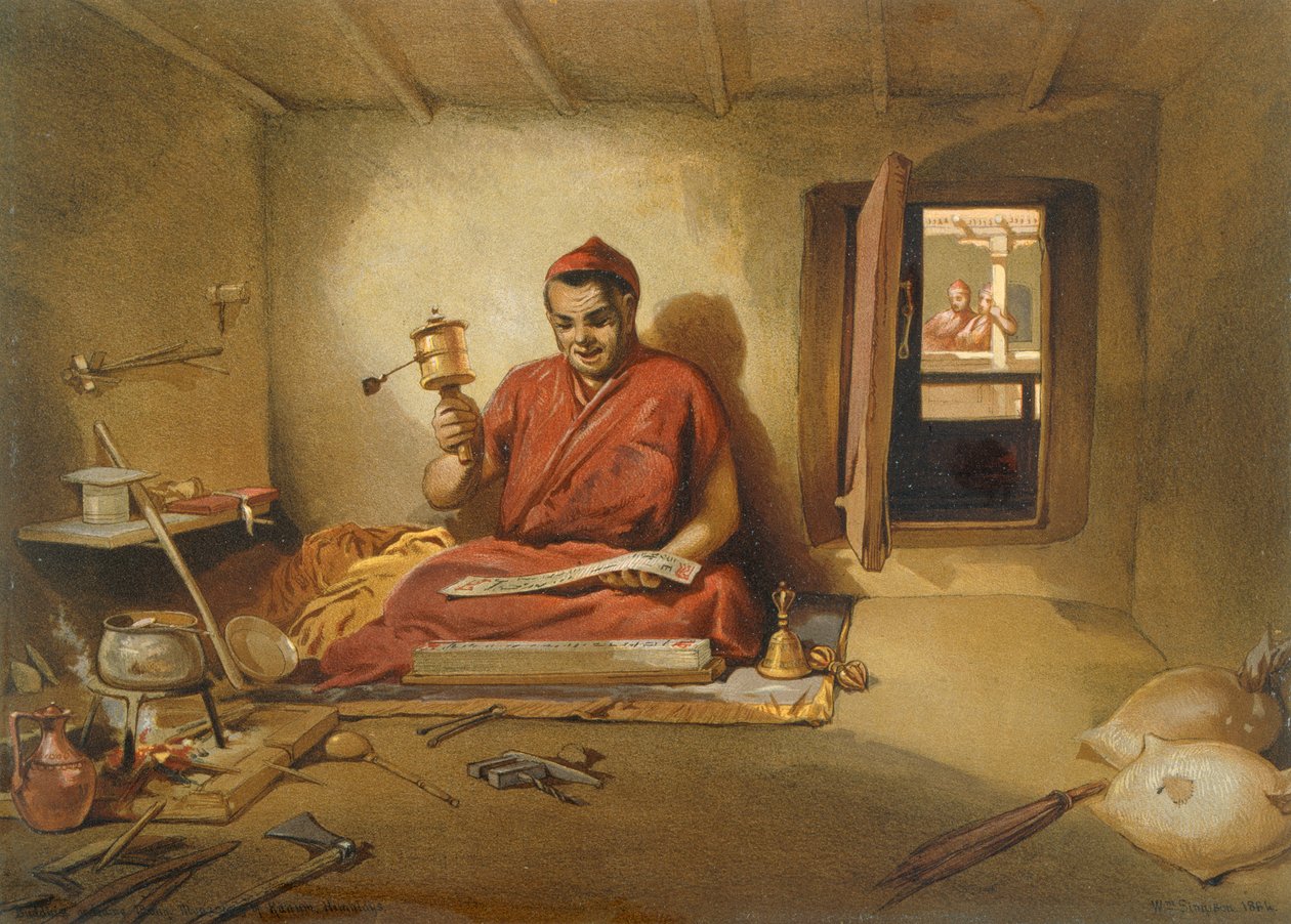 Mnich buddyjski, z „Indie starożytne i współczesne”, 1867 autorstwa William Crimea Simpson