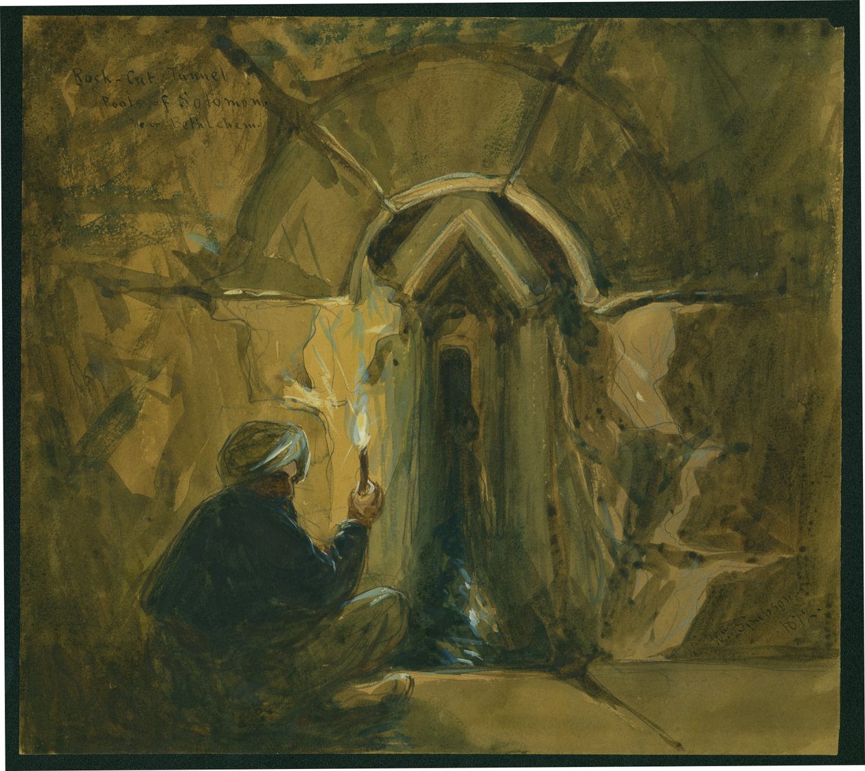 Tunel wykuty w skale, Stawy Salomona, niedaleko Betlejem, 1872 (wc i ołówek na papierze) autorstwa William Crimea Simpson