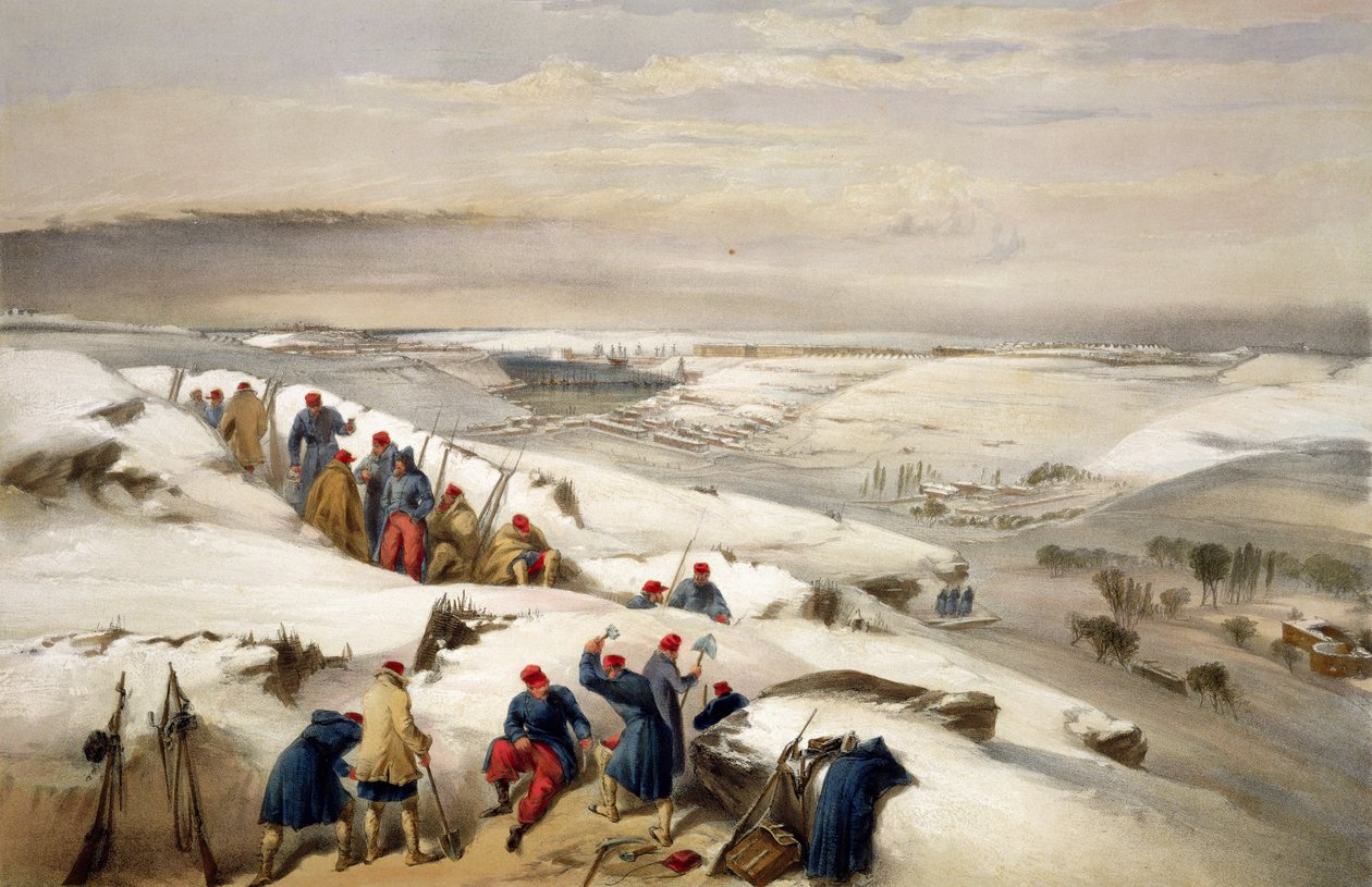 Sewastopol ze skrajnej prawicy ataku na okopy, płyta z „Siedziba wojny na wschodzie”, wyd. Colnaghi and Co., 1856 autorstwa William Crimea Simpson