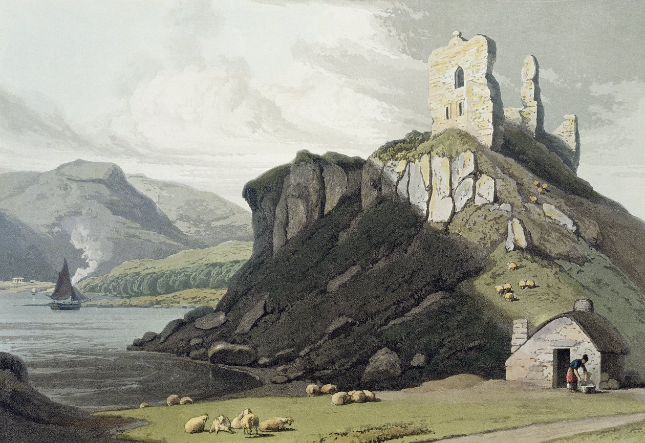 Zamek Arros, Isle of Mull, z "A Voyage Around Great Britain Undertaken Between the Years 1814 and 1825" wydanej w Londynie, 1818 (rycina ręcznie kolorowana) autorstwa William Daniell