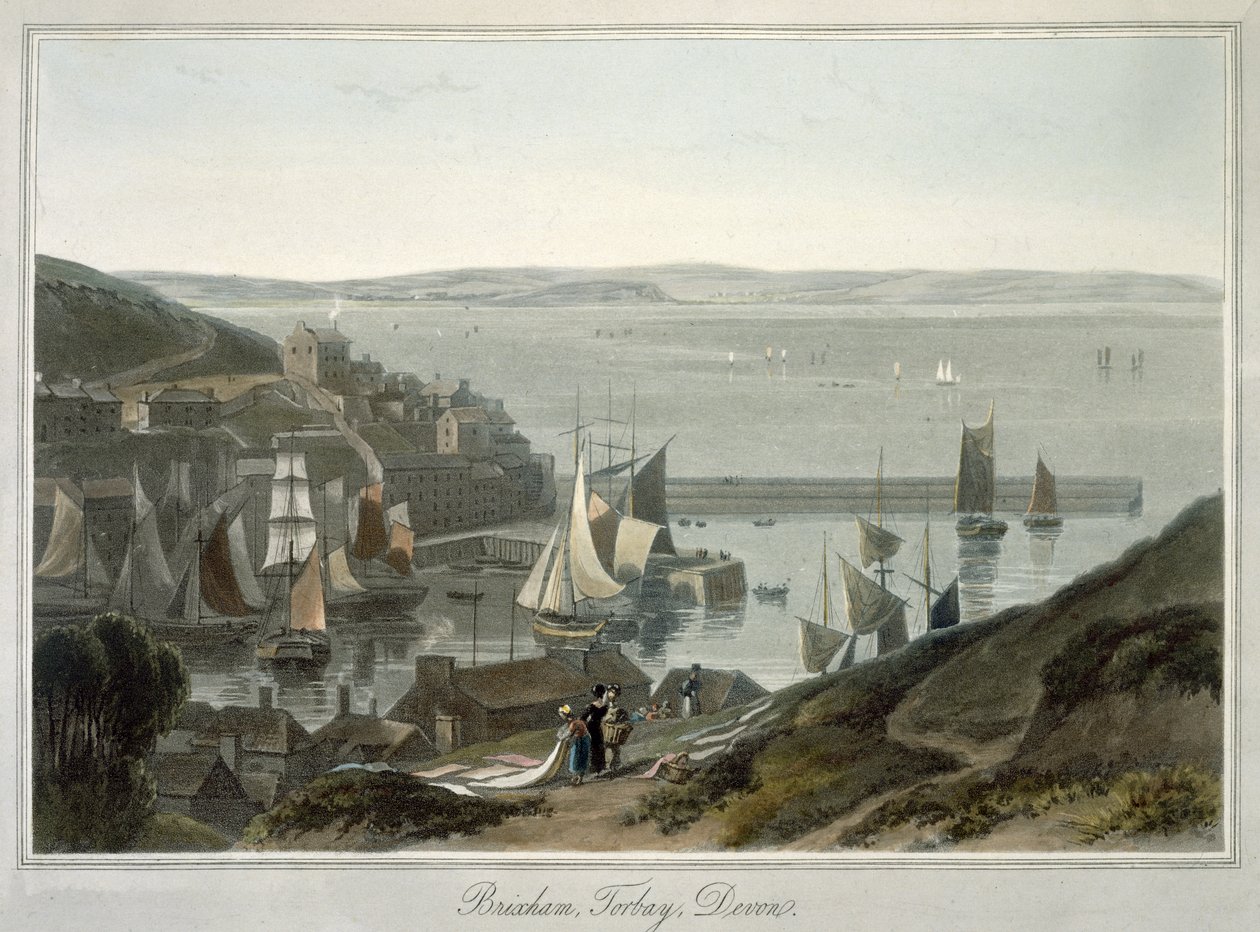 Brixham, Torbay, Devon, z tomu VIII „Podróży dookoła Wielkiej Brytanii podjętej między latami 1814 a 1825”, wydanej w 1825 r. (akwatinta) autorstwa William Daniell