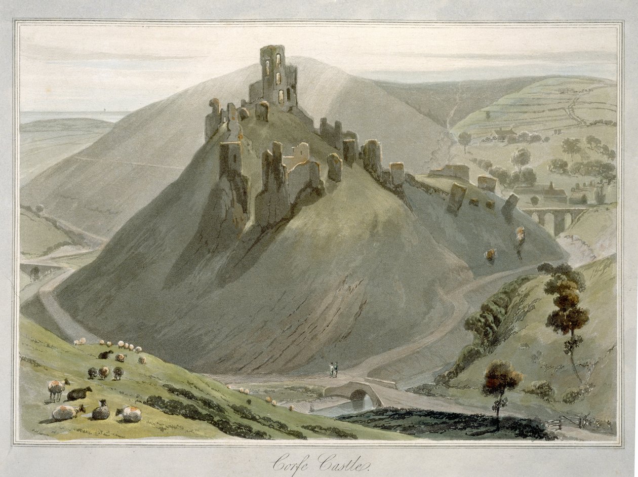 Zamek Corfe, z "Podróży dookoła Wielkiej Brytanii odbytej między 1814 a 1825 rokiem", opublikowanej w 1823 r. (akwatinta) autorstwa William Daniell