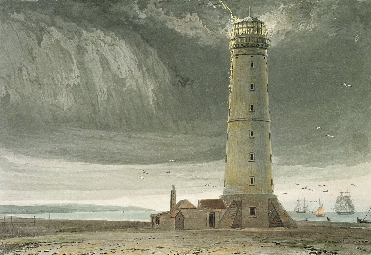 Latarnia morska w Dungeness, z „Podróży po Wielkiej Brytanii podjęta między latami 1814 i 1825”, opublikowana w 1829 r. (rycina ręcznie kolorowana) autorstwa William Daniell