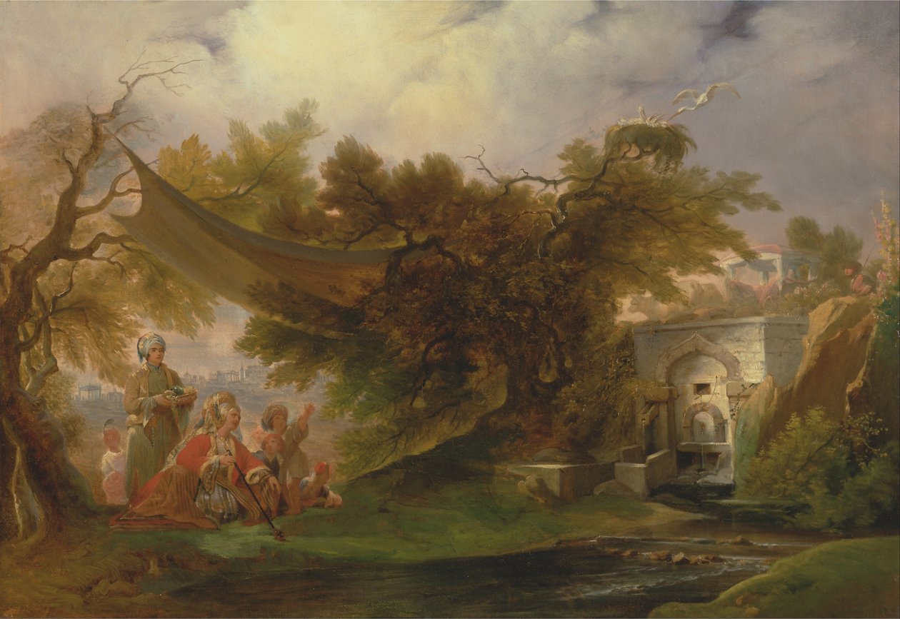 Indyjski krajobraz z postaciami w pobliżu strumienia autorstwa William Daniell