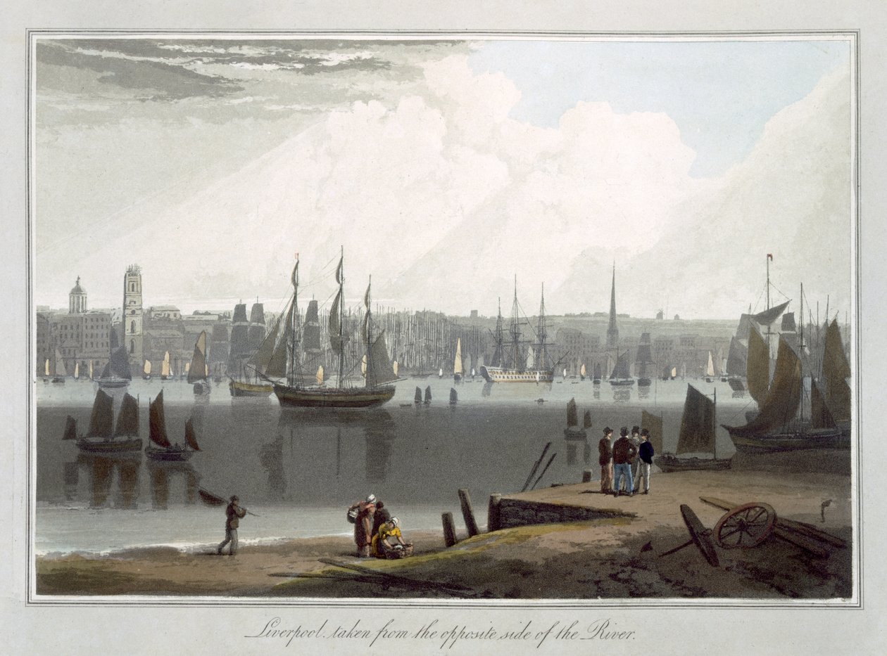 Liverpool, wzięty z przeciwnej strony rzeki, z tomu II „Podróży po Wielkiej Brytanii podjęta między latami 1814 i 1825”, opublikowanej w 1815 r. autorstwa William Daniell