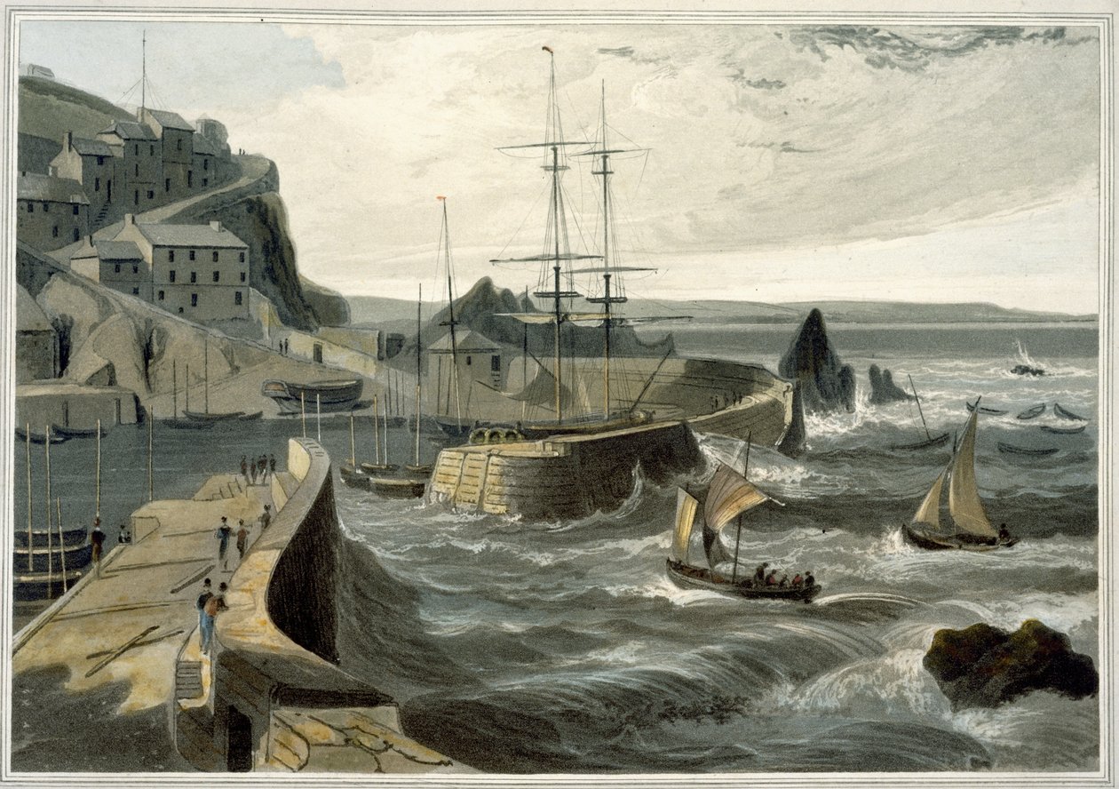 Mevagissey, Cornwall, z tomu VIII „A Voyage Around Great Britain Undertaked between the Years 1814 and 1825”, opublikowanej w 1825 r. (akwatinta) autorstwa William Daniell