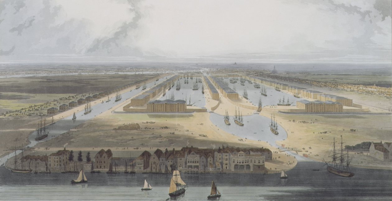 West India Trade Docks, z „Six Views of the London Docks”, 1802 (kolorowy akwatinta) autorstwa William Daniell