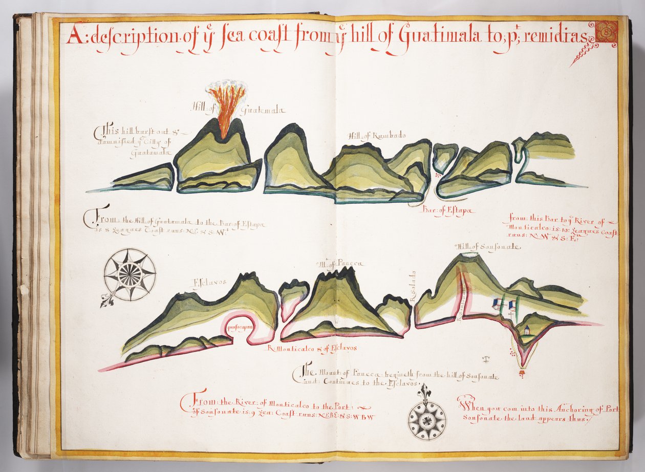 Ms Elkins 169 Opis wybrzeża morskiego ze wzgórza Gwatemali do... Ilustracja z Wagoner of the Sea (pióro i atrament z toaletą na papierze) autorstwa William Hack