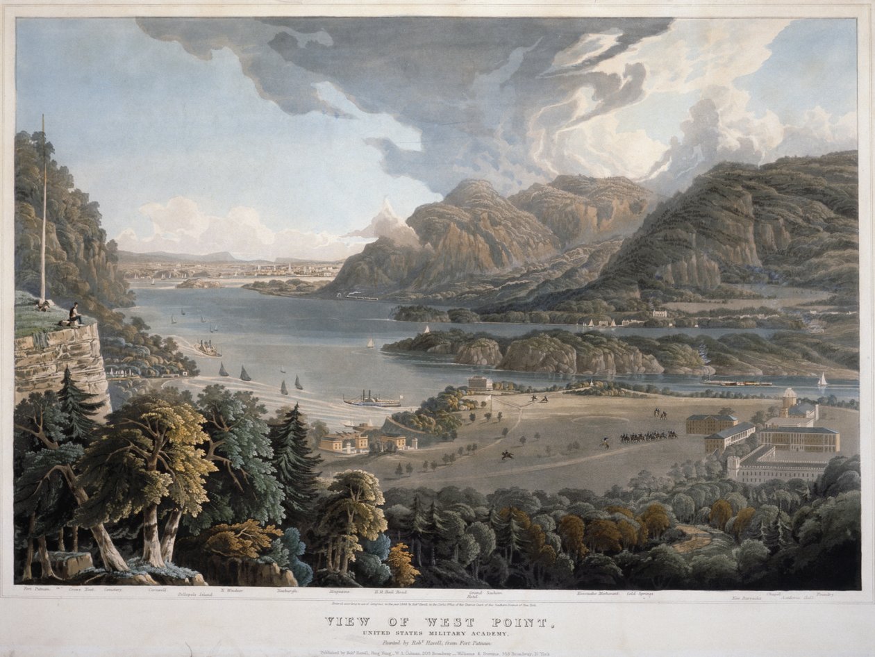 Widok West Point, United States Military Academy, 1848 (ręcznie kolorowana akwatinta i grawer na papierze tkanym) autorstwa William Havell
