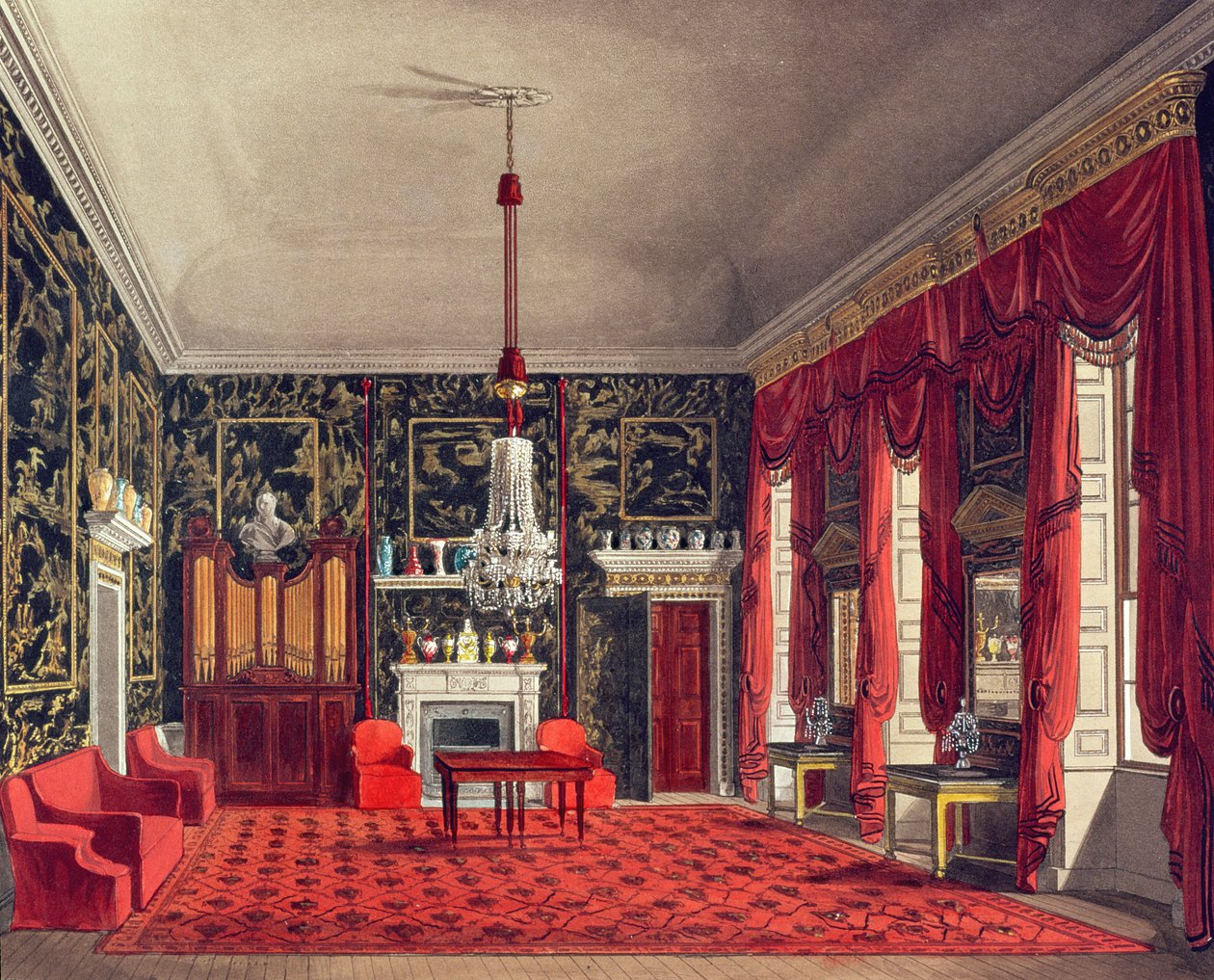 Sala śniadaniowa królowej, Buckingham House, grawerowane przez Daniela Havella (1785-1826) z „Historii rezydencji królewskich” Williama Henry
