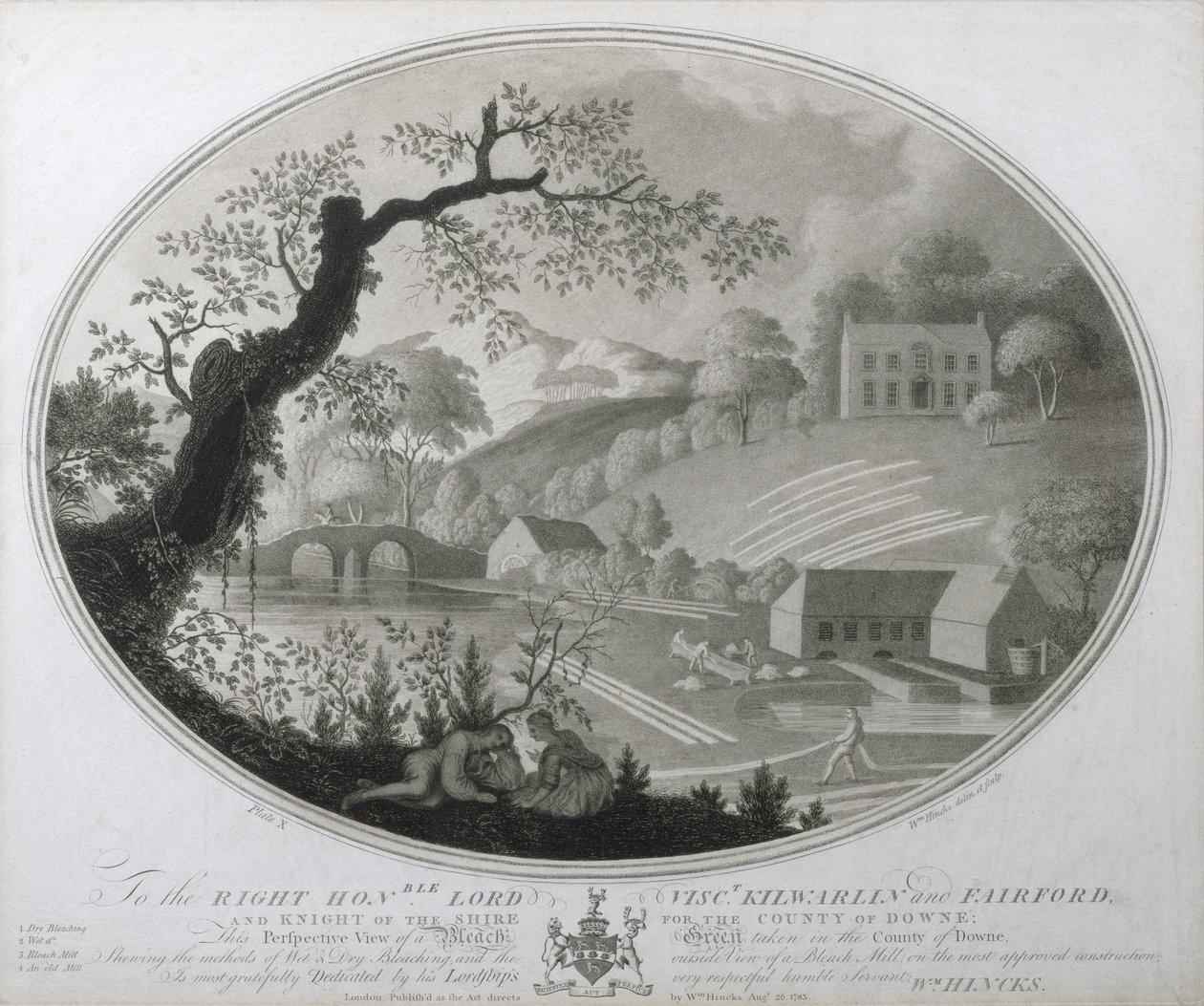 Widok perspektywiczny zielonego wybielacza wykonanego w hrabstwie Downe, płyta X z The Linen Manufactory of Ireland, 1783 (mezzotinta) autorstwa William Hincks