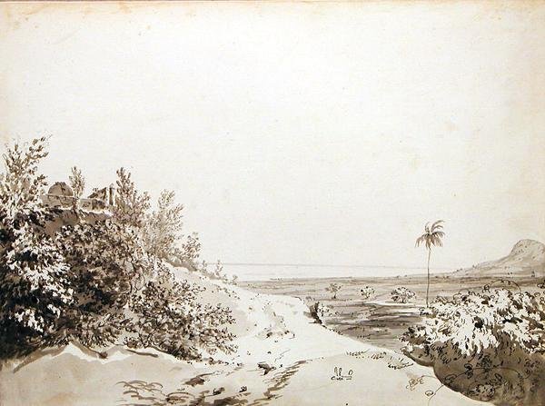 Widok z przełęczy Sakrigali Patrząc na wschód w kierunku Bengalu, ok. 1781 (szary wash, długopis i czarny tusz na graficie na papierze wykładanym) autorstwa William Hodges