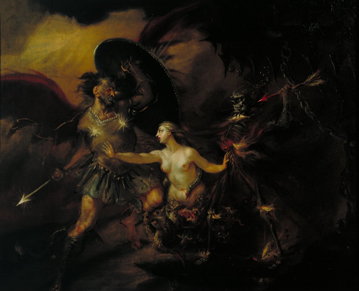 Szatan, grzech i śmierć (Scena z filmu Miltons „Raj utracony”) autorstwa William Hogarth
