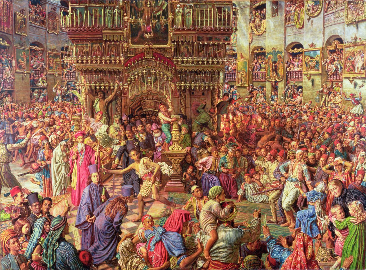 Cud Świętego Ognia, Bazylika Grobu Świętego w Jerozolimie, 1892-99 (olej i żywica na płótnie) autorstwa William Holman Hunt