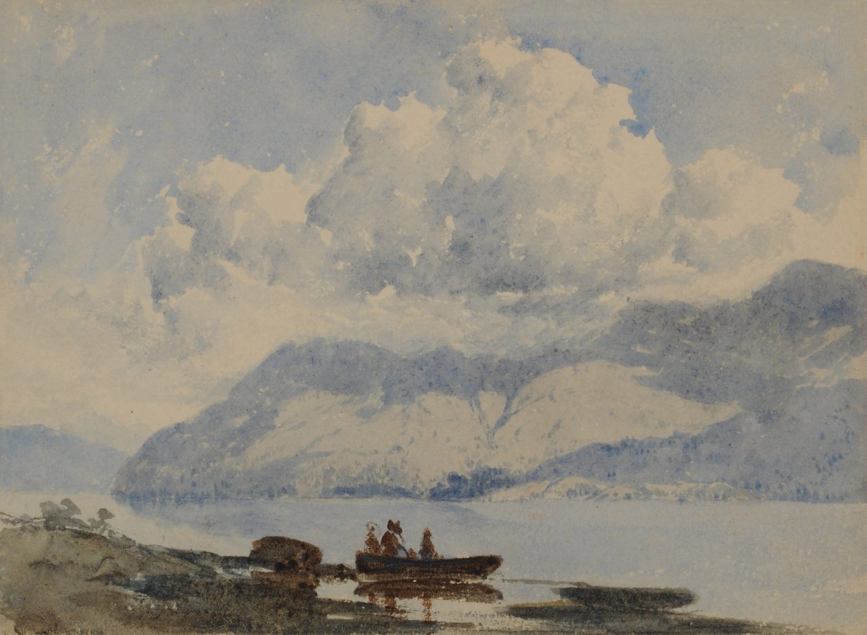 Jezioro z łodzią i figurami, 1840-58 (wc na papierze) autorstwa William James Blacklock