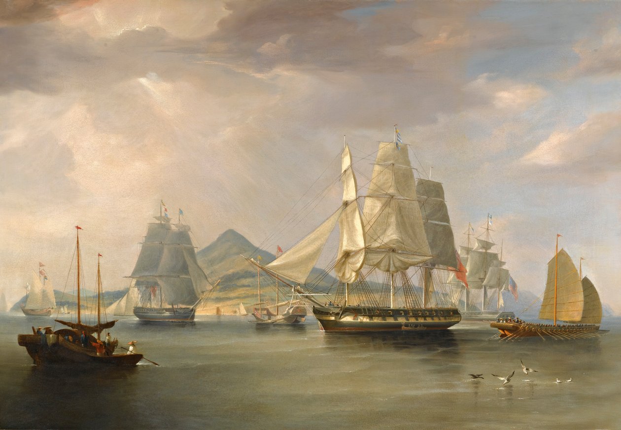 Statki opium w Lintin, Chiny, 1824 autorstwa William John Huggins