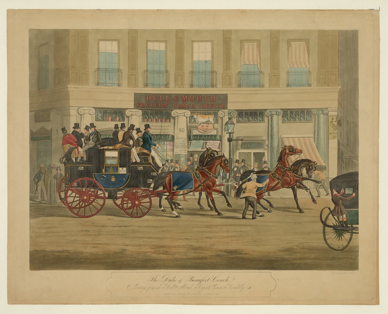 Trener Duke of Beaufort, zaczynając od Bull & Mouth, Regents Circus, Piccadilly, pub. 1841 (akwatinta ręcznie kolorowana) autorstwa William Joseph Shayer