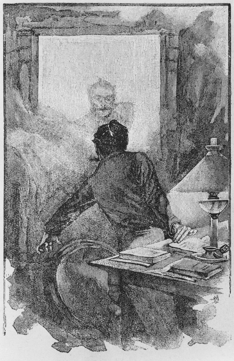 Narrator i Horla, ilustracja z „Le Horla” Guy de Maupassant (1850-93) sztychowana przez Georgesa Lemoine