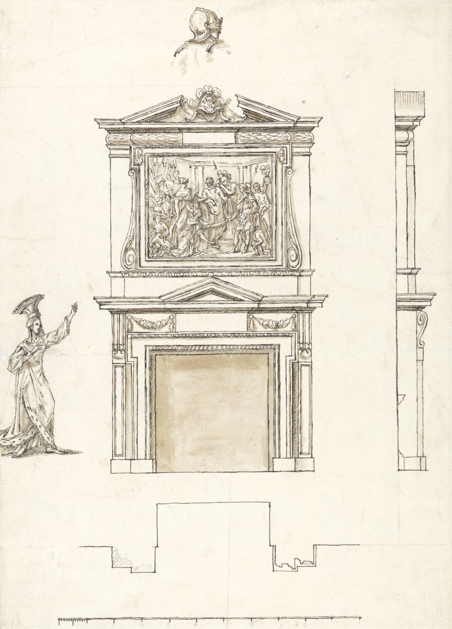Projekt dla Chimney Piece w Hall at Stowe, c.1733 (pióro i tusz z rozmyciem grafitu na papierze) autorstwa William Kent