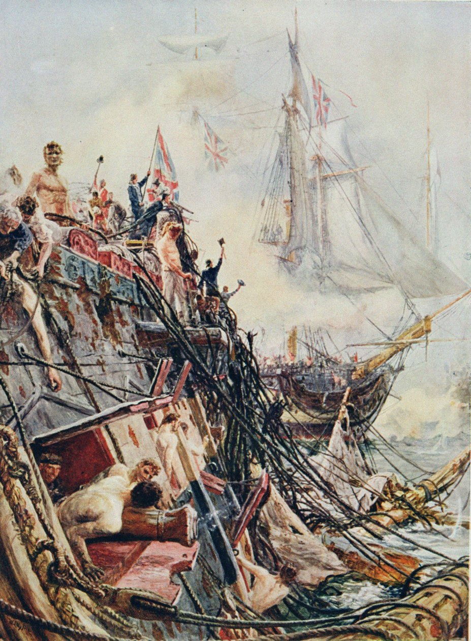 Uszkodzony, ale niepokonany: „Belleisle” w bitwie pod Trafalgarem, 21 października 1805 r., z „Brytyjskich bitew na lądzie i morzu” pod redakcją Sir Evelyna Wooda (1838-1919) opublikowana po raz pierwszy w 1915 r. (kolor litho autorstwa William Lionel Wyllie