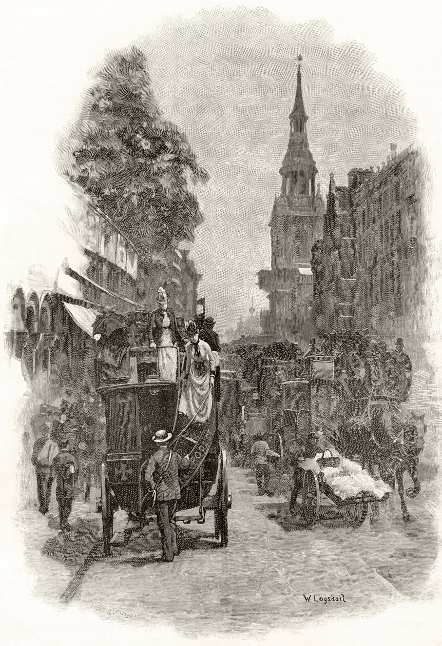 Cheapside and Bow Church Steeple, z książki „London Pictures: Drawn with Pen and Pencil”, autorstwa ks. Richarda Lovetta, opublikowanej w 1890 r. autorstwa William Logsdail