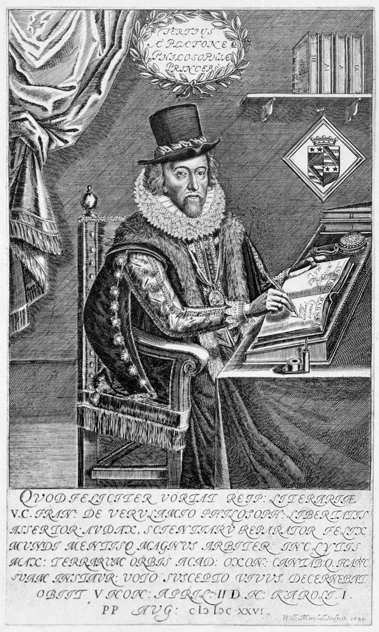 Portret Francisa Bacona (1561-1626) wicehrabiego St. Albans piszącego przy biurku, 1640 autorstwa William Marshall