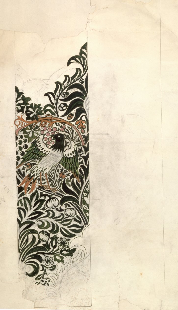 Niedokończony wzór drewnianego klocka „Ptak i winorośl” na tapetę, 1878 autorstwa William Morris