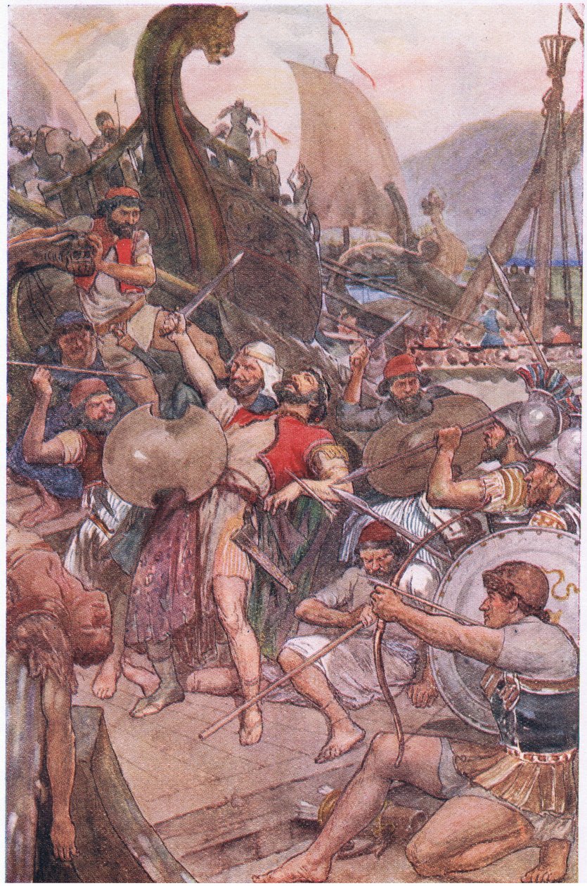 Śmierć perskiego admirała w Salamis, z Plutarch Lives opublikowanych przez T C & E C Jack Ltd, 1920 autorstwa William Rainey