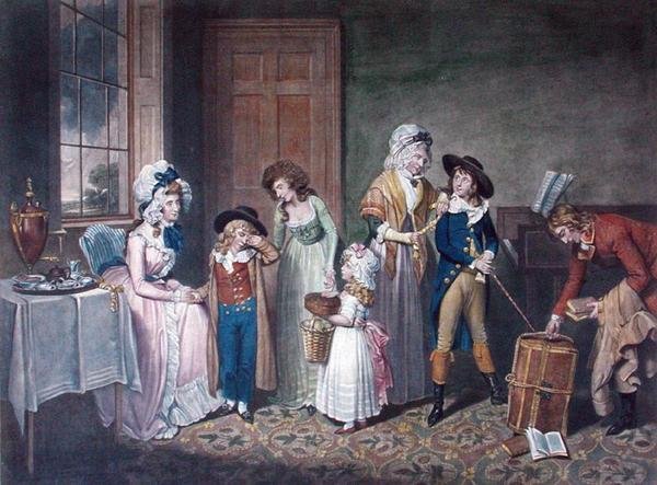 Czarny poniedziałek lub wyjazd do szkoły, grawerowane przez Johna Jonesa (ok. 1745-97), wyd. W. Bigg, 1790 (kolorowy grawerunek) (patrz także 125510) autorstwa William Redmore after Bigg